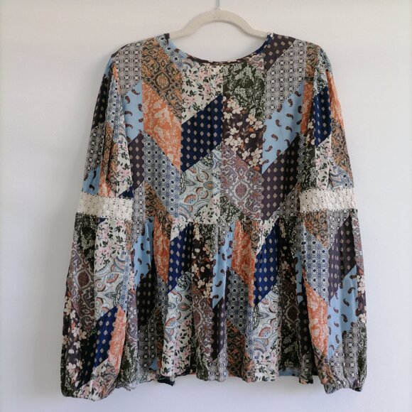 Cleo + Wolf Womens Multicolor Tasseled Patchwork Boho Peasant Blouse Top Size L - Picture 4 of 8